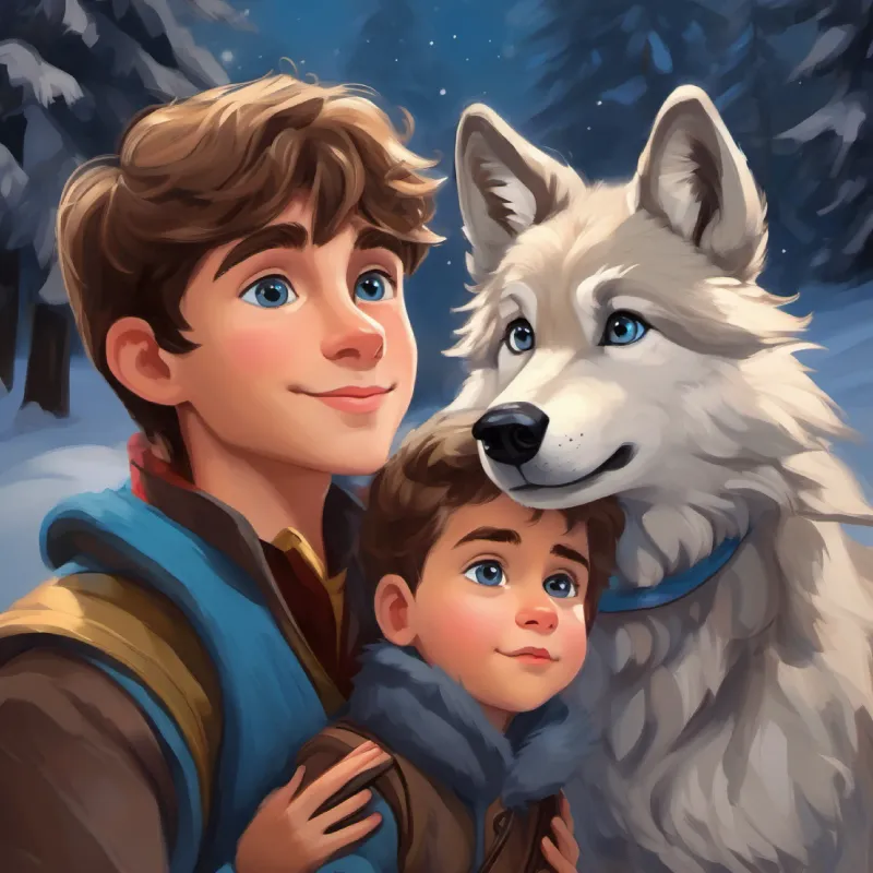 Young prince, thoughtful, with brown hair and blue eyes and Friendly wolf cub, gray fur, enquiring brown eyes live happily, ending the loneliness.