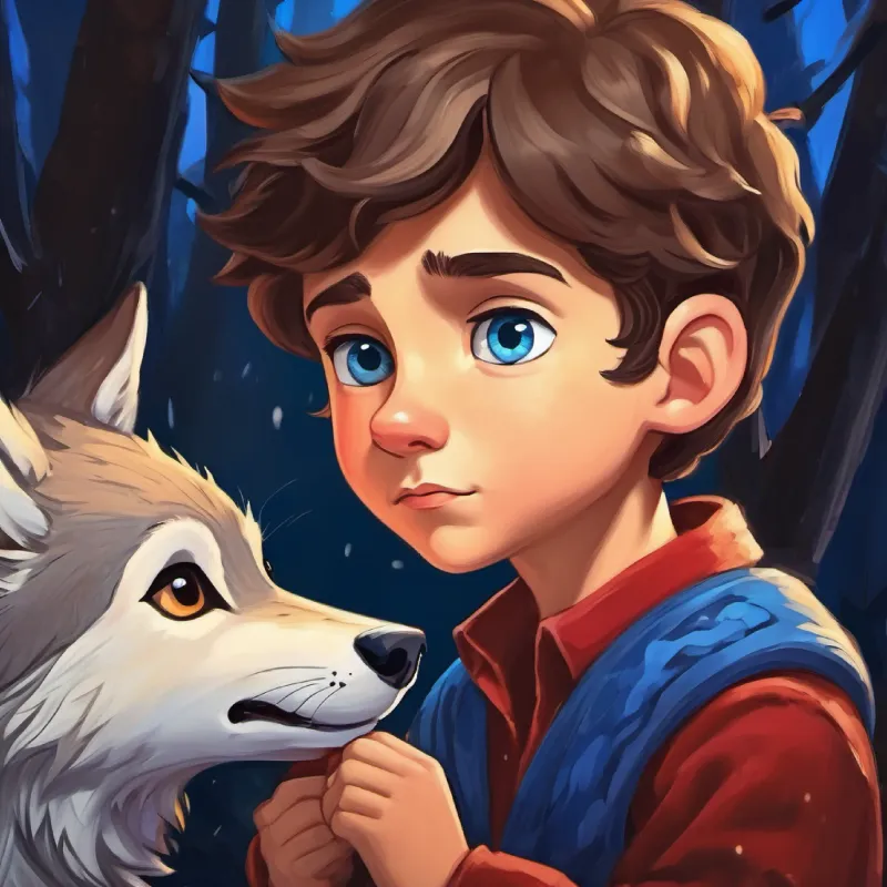 Young prince, thoughtful, with brown hair and blue eyes hears whimpering, finds a trapped wolf cub.