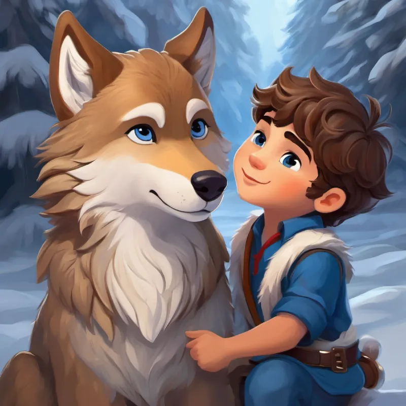 Young prince, thoughtful, with brown hair and blue eyes frees the cub, names it Friendly wolf cub, gray fur, enquiring brown eyes, and offers friendship.