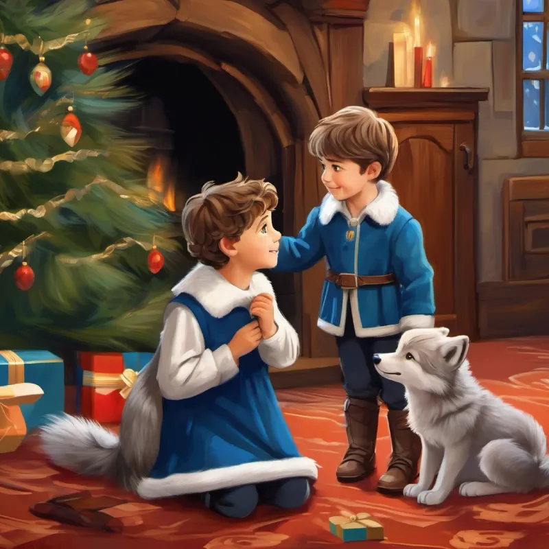 They return to the castle, Friendly wolf cub, gray fur, enquiring brown eyes shows Young prince, thoughtful, with brown hair and blue eyes how to play.