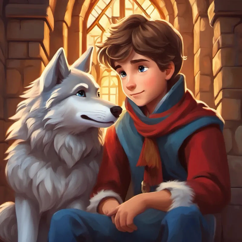 Young prince, thoughtful, with brown hair and blue eyes and Friendly wolf cub, gray fur, enquiring brown eyes share stories inside the castle.