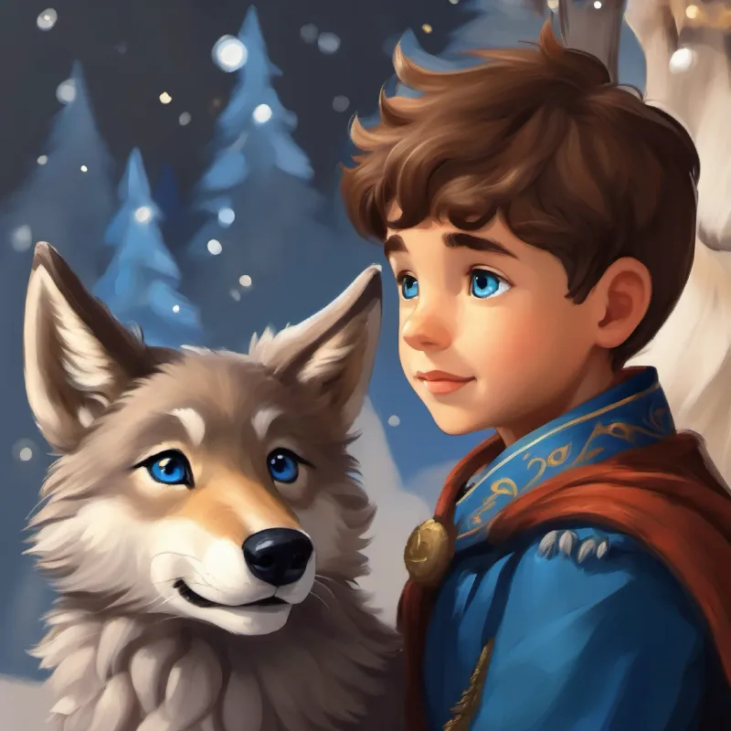 Guards are uncertain about Friendly wolf cub, gray fur, enquiring brown eyes, but Young prince, thoughtful, with brown hair and blue eyes reassures them.