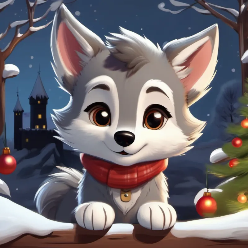 Friendly wolf cub, gray fur, enquiring brown eyes protects the castle from danger.