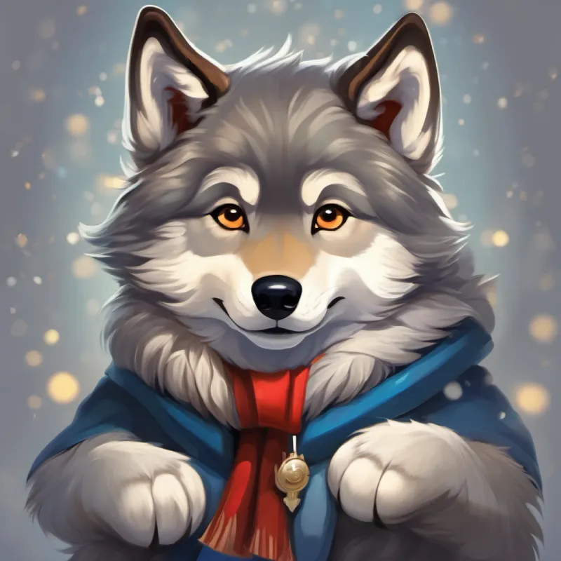 The royal family honors Friendly wolf cub, gray fur, enquiring brown eyes's bravery.