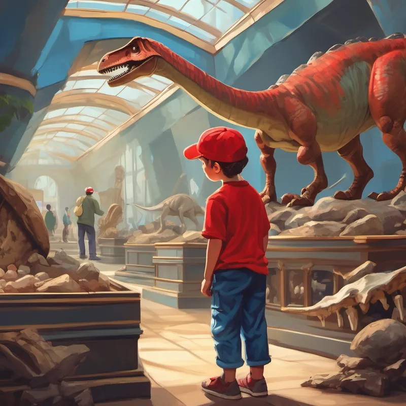 Little boy with red cap and blue shirt. looking at dinosaur bones in a museum
