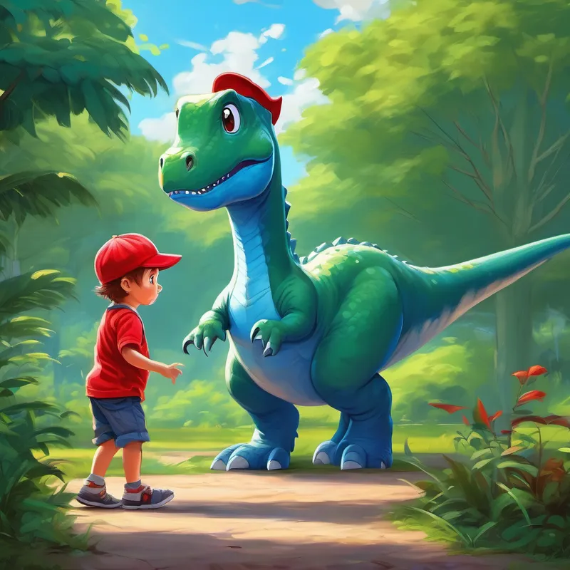 Little boy with red cap and blue shirt. and the dinosaur playing in the park