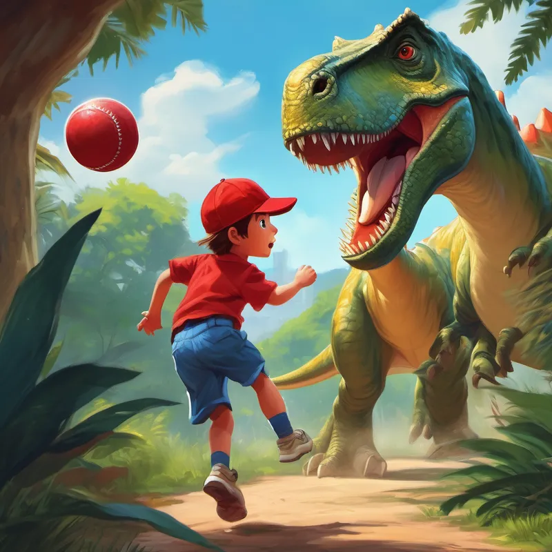 Little boy with red cap and blue shirt. and the dinosaur playing catch with a ball