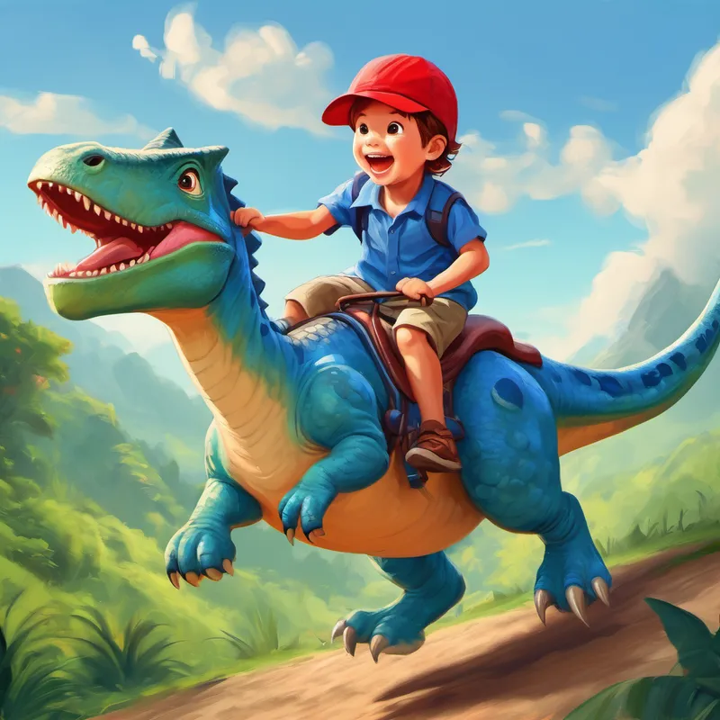 Little boy with red cap and blue shirt. riding happily on the dinosaur's back