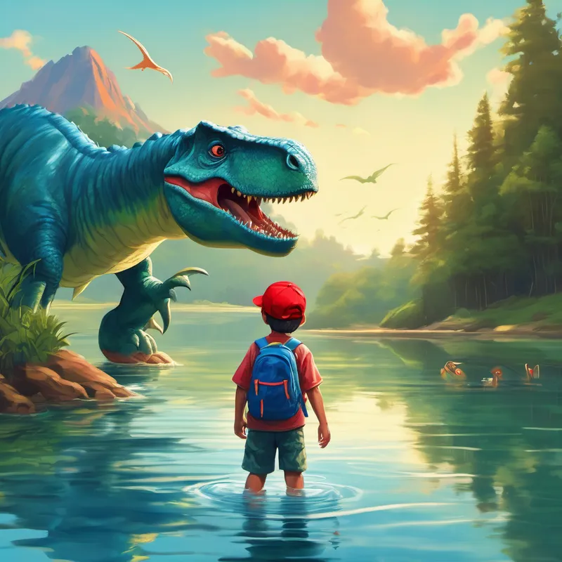 Little boy with red cap and blue shirt. and the dinosaur swimming in the lake
