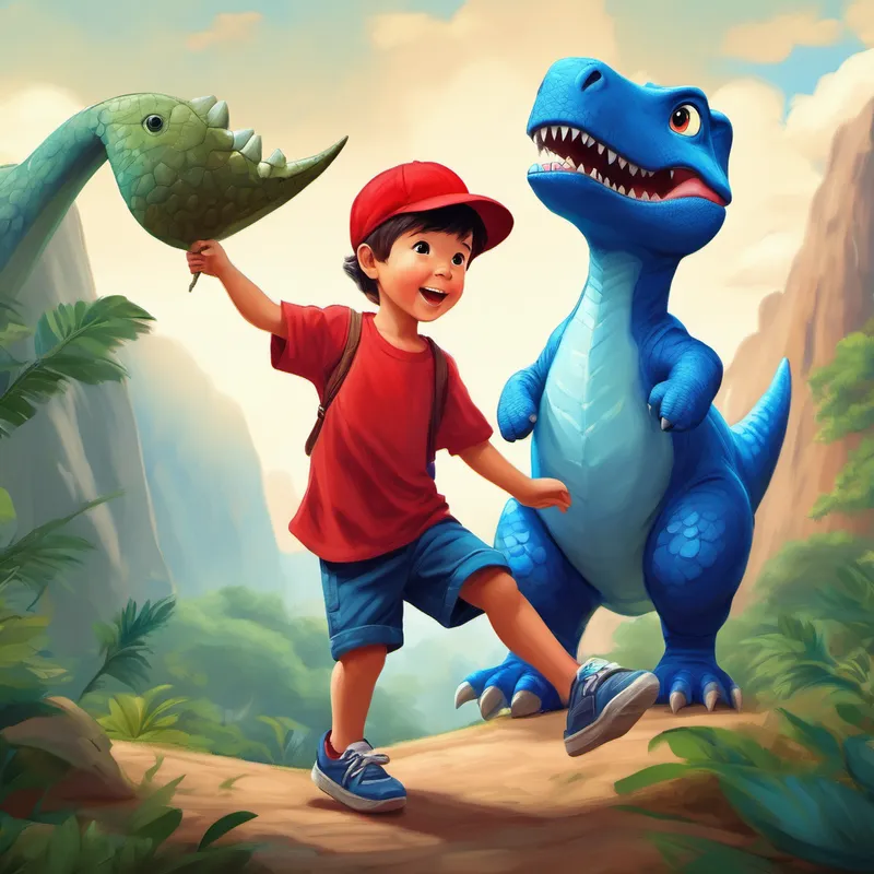 Little boy with red cap and blue shirt. and the dinosaur balancing on one leg