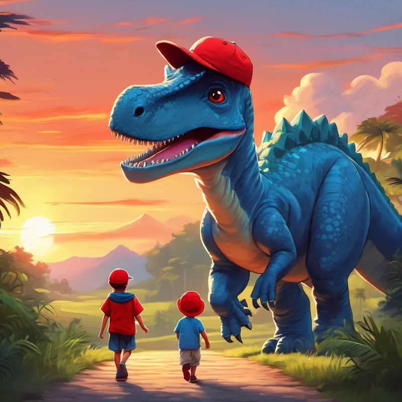 Little boy with red cap and blue shirt. and the dinosaur walking towards sunset