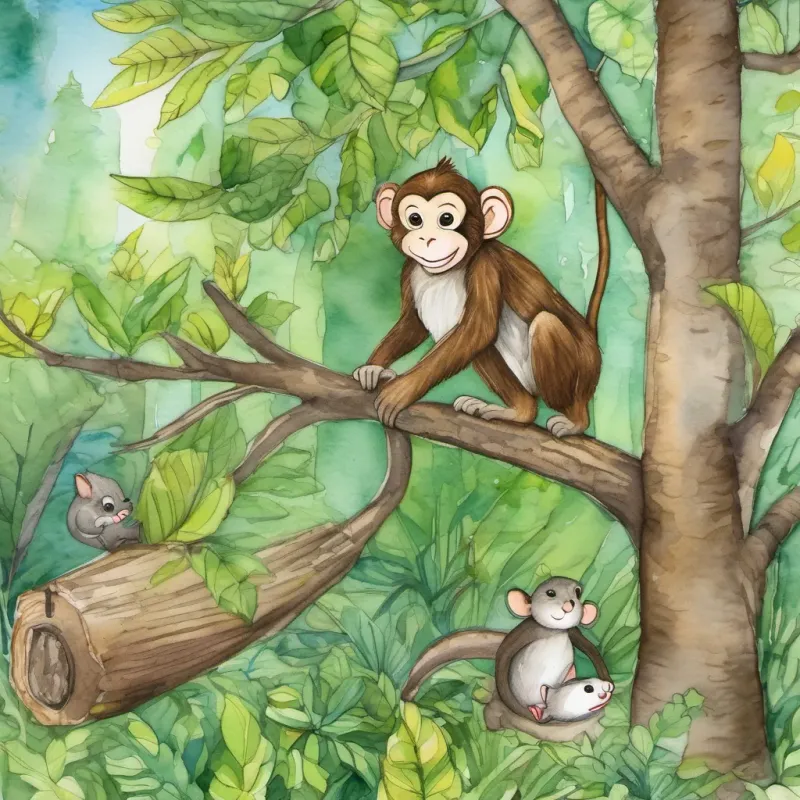 A lively monkey named Max swinging from tree branches in a lush green forest and A tiny mouse named Mimi peeking out from a burrow under a log in the forest living happily in the forest, ready for more treasures and fun.