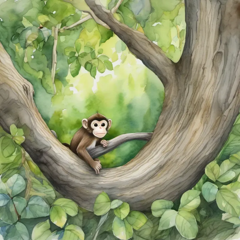 A lively monkey named Max swinging from tree branches in a lush green forest the monkey curiously peering down from a tree at A tiny mouse named Mimi peeking out from a burrow under a log in the forest the mouse rolling a shiny pebble.