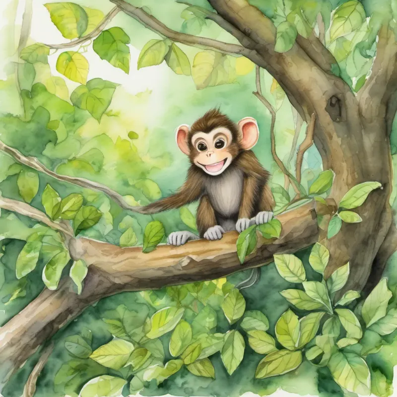 A lively monkey named Max swinging from tree branches in a lush green forest the monkey landing beside A tiny mouse named Mimi peeking out from a burrow under a log in the forest the mouse with a friendly grin.