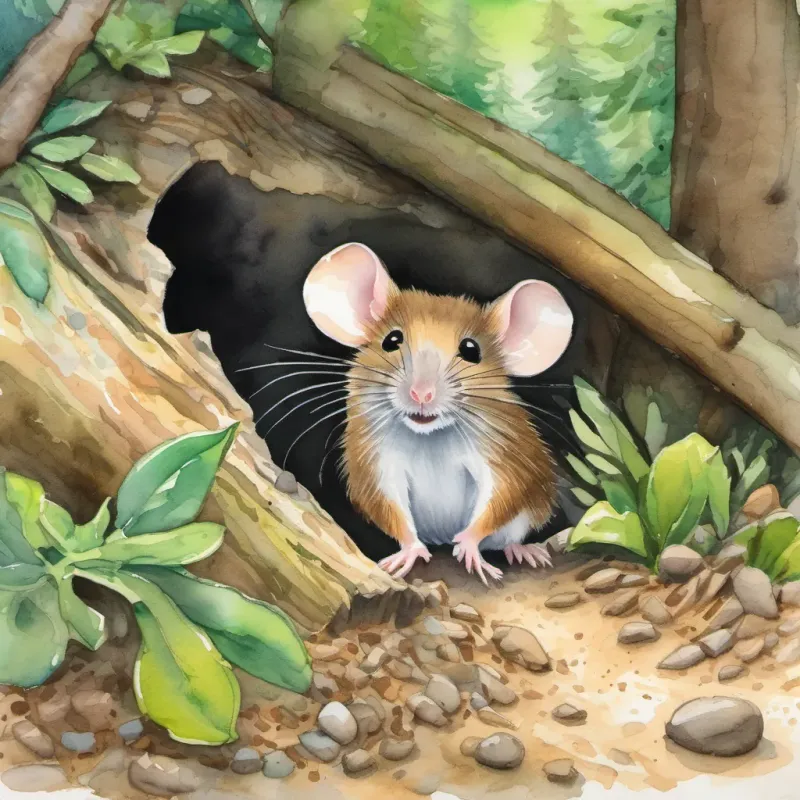 A tiny mouse named Mimi peeking out from a burrow under a log in the forest showing off her shiny pebble with excitement while A lively monkey named Max swinging from tree branches in a lush green forest looks on with admiration.