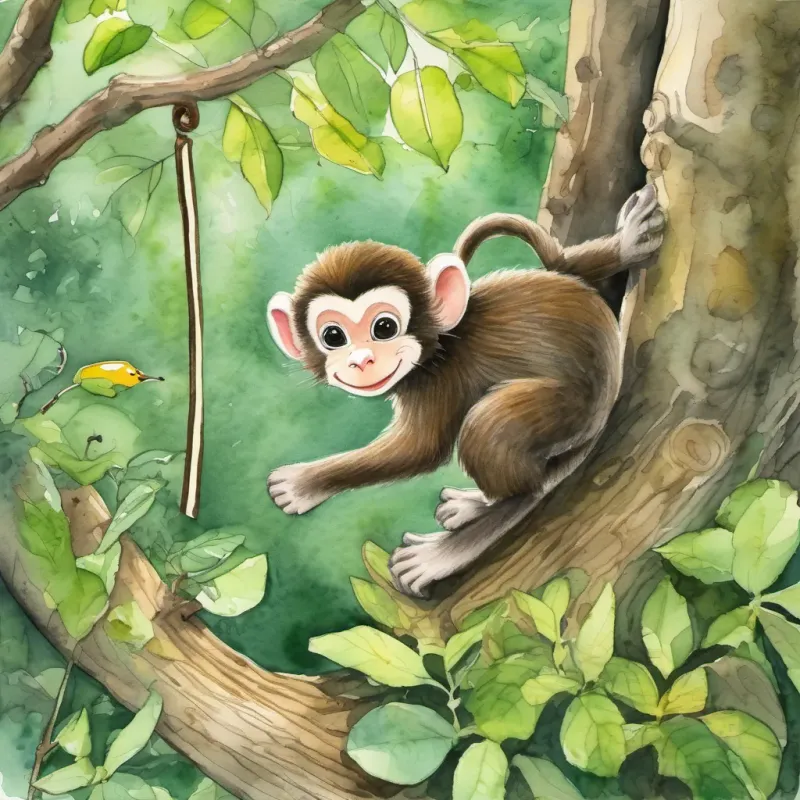 A lively monkey named Max swinging from tree branches in a lush green forest and A tiny mouse named Mimi peeking out from a burrow under a log in the forest enthusiastically planning their adventure to find more treasures.