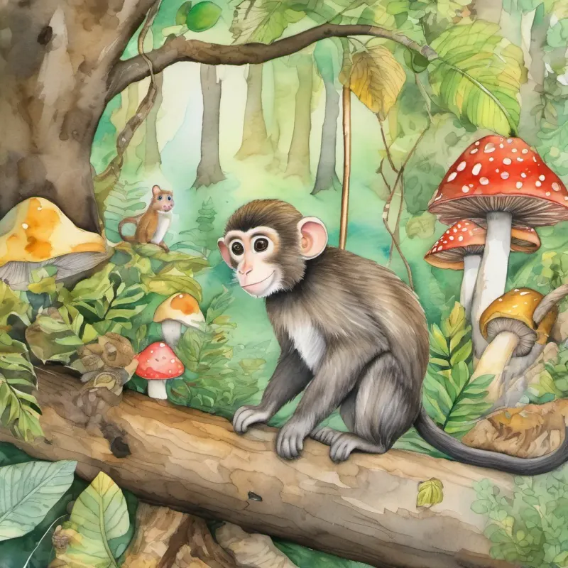 A lively monkey named Max swinging from tree branches in a lush green forest and A tiny mouse named Mimi peeking out from a burrow under a log in the forest discovering various forest treasures like mushrooms, leaves, and a rainbow feather.