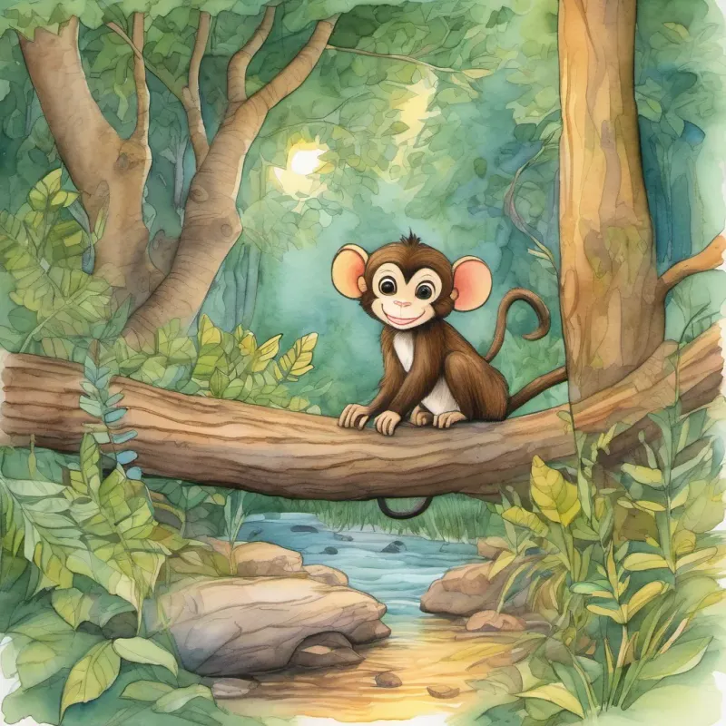 A lively monkey named Max swinging from tree branches in a lush green forest and A tiny mouse named Mimi peeking out from a burrow under a log in the forest resting by a brook as the sun sets, expressing joy from their adventure.
