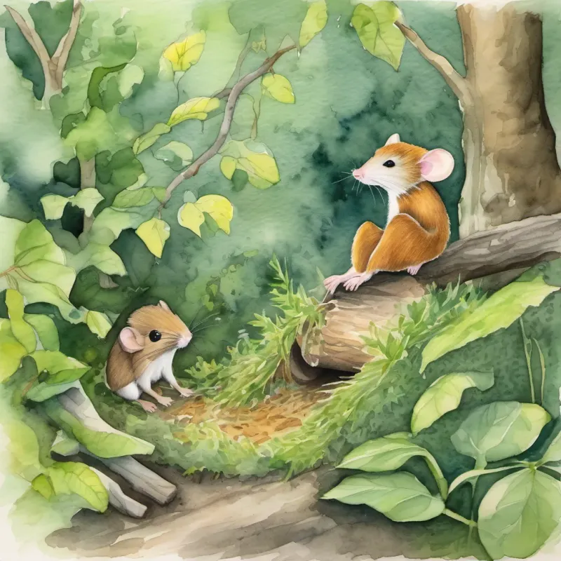 A tiny mouse named Mimi peeking out from a burrow under a log in the forest and A lively monkey named Max swinging from tree branches in a lush green forest sharing a moment of deep connection by the brook.