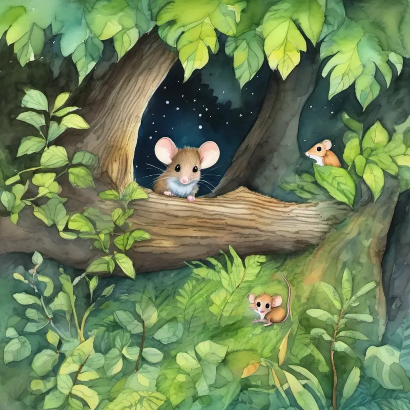 A tiny mouse named Mimi peeking out from a burrow under a log in the forest and A lively monkey named Max swinging from tree branches in a lush green forest heading back to their homes under a starlit sky, excited for more adventures.