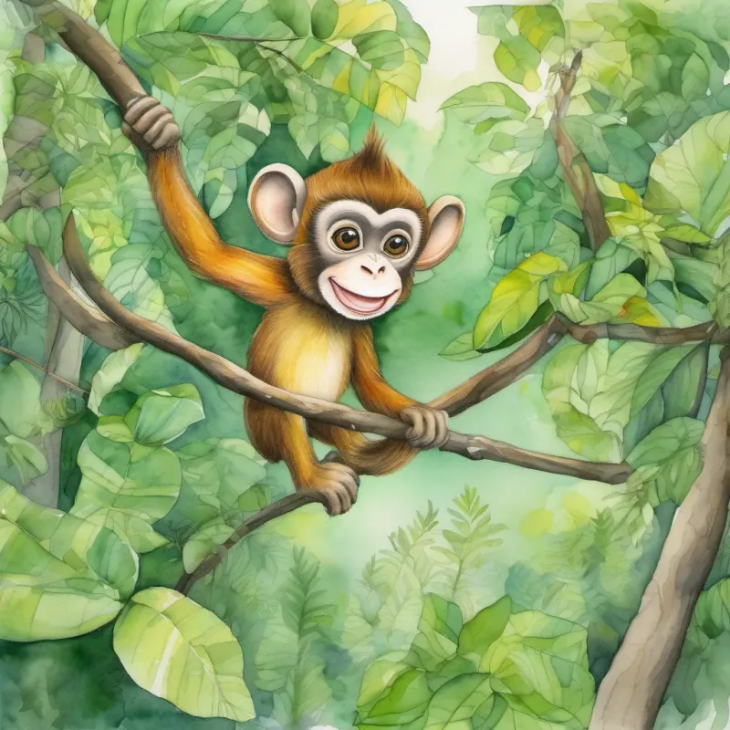 A lively monkey named A lively monkey named Max swinging from tree branches in a lush green forest swinging from tree branches in a lush green forest.