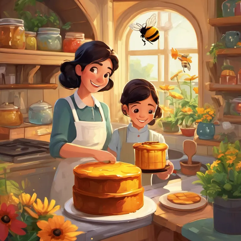 Inside the kitchen, he found his friend, Bella the bee, buzzing around happily. "Bella, what's that delightful smell?" Ant-thony asked eagerly. Bella smiled warmly. "It's Mrs. Johnson's famous honey cake! She bakes it every year for the annual Garden Party."