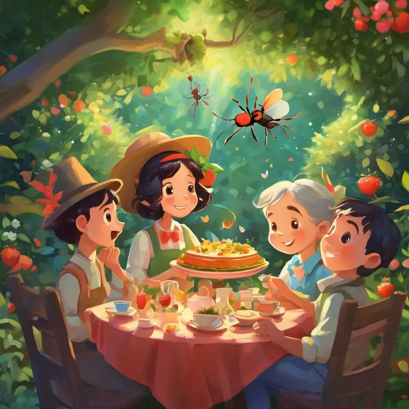 Ant-thony's eyes sparkled with excitement. "Oh, I've heard about the Garden Party! It's a big gathering of all the creatures from the garden, right?" Bella nodded enthusiastically. "Yes, and the best part is, everyone brings their favorite treats to share. It's a celebration of friendship and yummy food!"