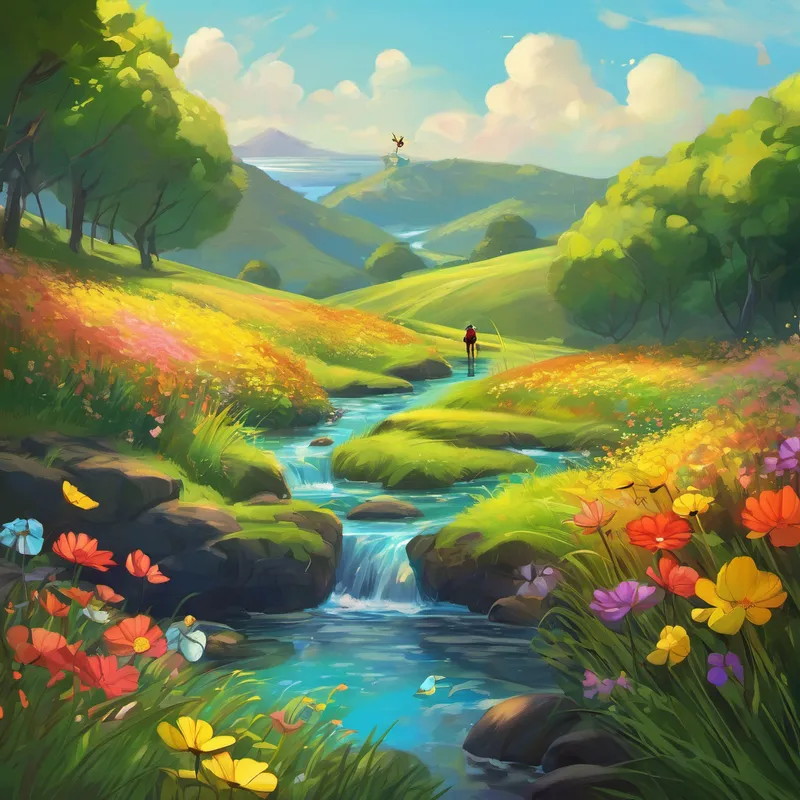 Ant-thony nodded determinedly. "Consider it done, Bella! I will find the Rainbow Flowers and collect the nectar for Mrs. Johnson." Without wasting a moment, Ant-thony set off on his adventure. He traveled through tall grass, climbed over twigs, and crossed tiny streams until he reached the meadow where the Rainbow Flowers bloomed.