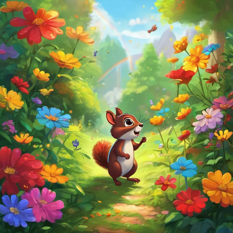 As soon as Ant-thony saw the Rainbow Flowers, he was amazed by their vibrant colors. Each petal was like a different shade of the rainbow. Ant-thony carefully collected a drop of nectar from each flower, making sure not to take too much, as the flowers needed it to stay healthy. On his way back to the house, Ant-thony encountered his friend, Sammy the squirrel, who was searching for acorns. "Hey, Ant-thony! What's in your tiny hands?" Sammy asked with curiosity.
