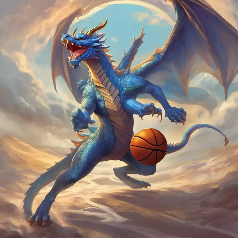 a happy blue dragon dribbling a basketball