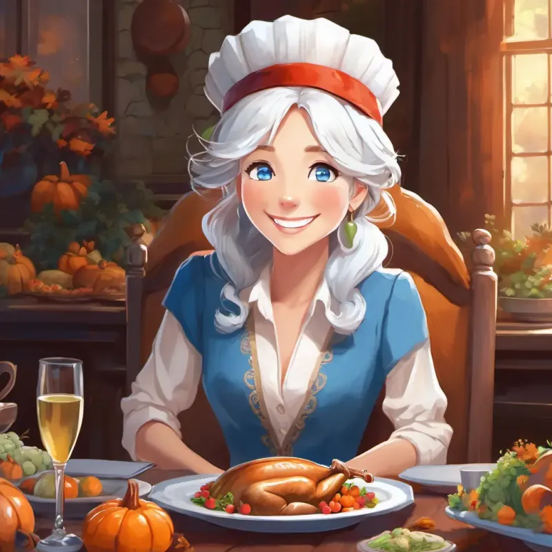 Snowy white hair, twinkling blue eyes, and loves to laugh sitting at the head of the table, smiling and wearing a Thanksgiving hat