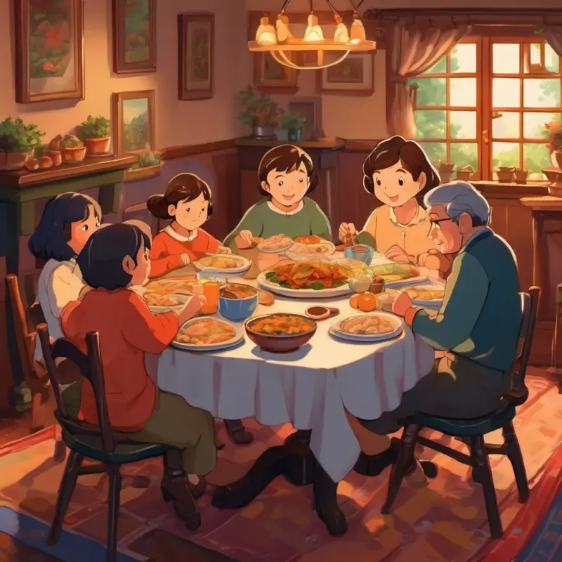The family eating together in a cozy dining room, plates full of food