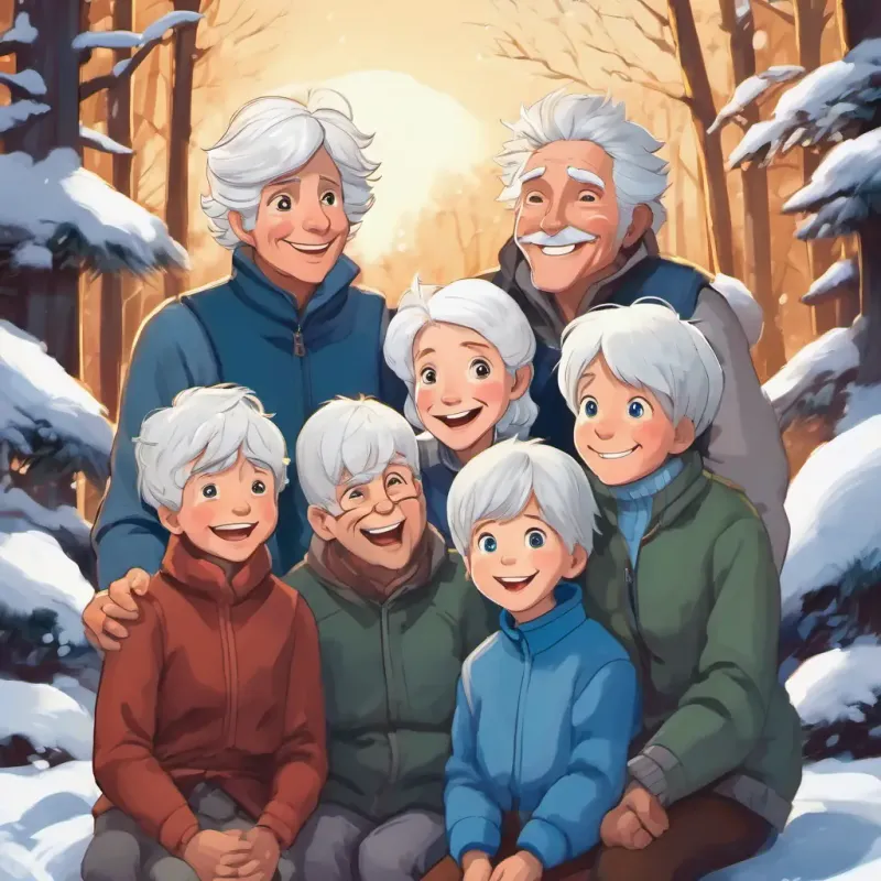 The family sitting shocked and holding their noses, while Snowy white hair, twinkling blue eyes, and loves to laugh laughs mischievously