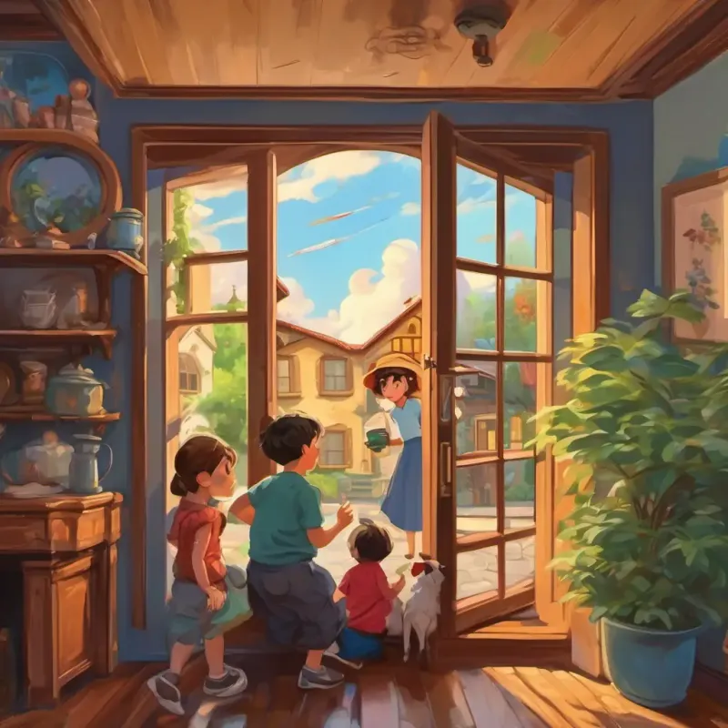 Family members frantically opening windows and doors, smoke alarms flashing