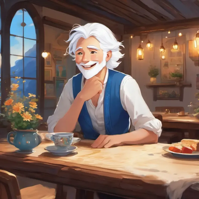 Snowy white hair, twinkling blue eyes, and loves to laugh sitting proudly at the table, laughing heartily