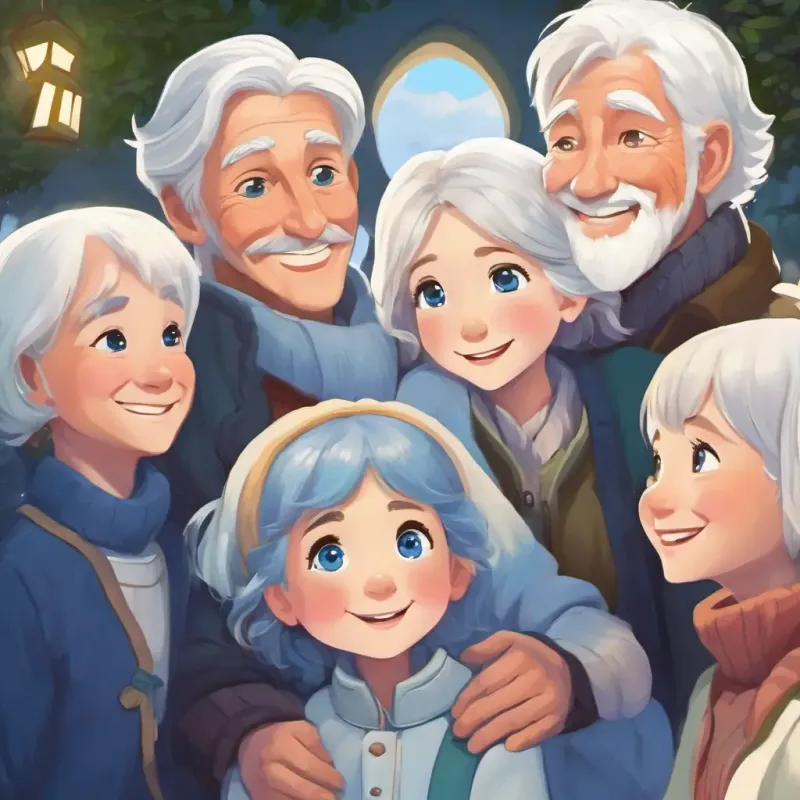 The family reuniting, forgiving Snowy white hair, twinkling blue eyes, and loves to laugh with smiles on their faces
