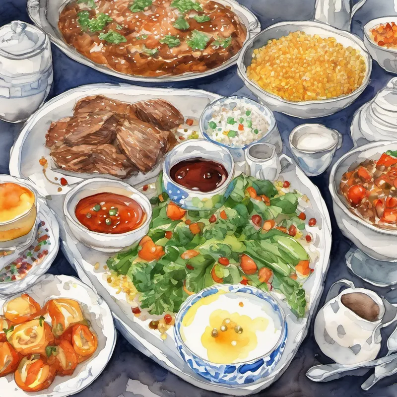 There were plates of savory meat that smelled absolutely delicious. Next to them were bowls filled with rice that sparkled like tiny pearls. And there were heaps of crisp, colorful vegetables that looked like they were straight out of a painting. Timmy's eyes widened with delight, and his tummy rumbled in anticipation. He couldn't resist the temptation and decided to try a little bit of everything. He poured himself cups of milk, coffee, and tea to taste each one. As he reached for a heavenly cake with elaborate decorations, he couldn't help but feel lucky to have found such a magical place.