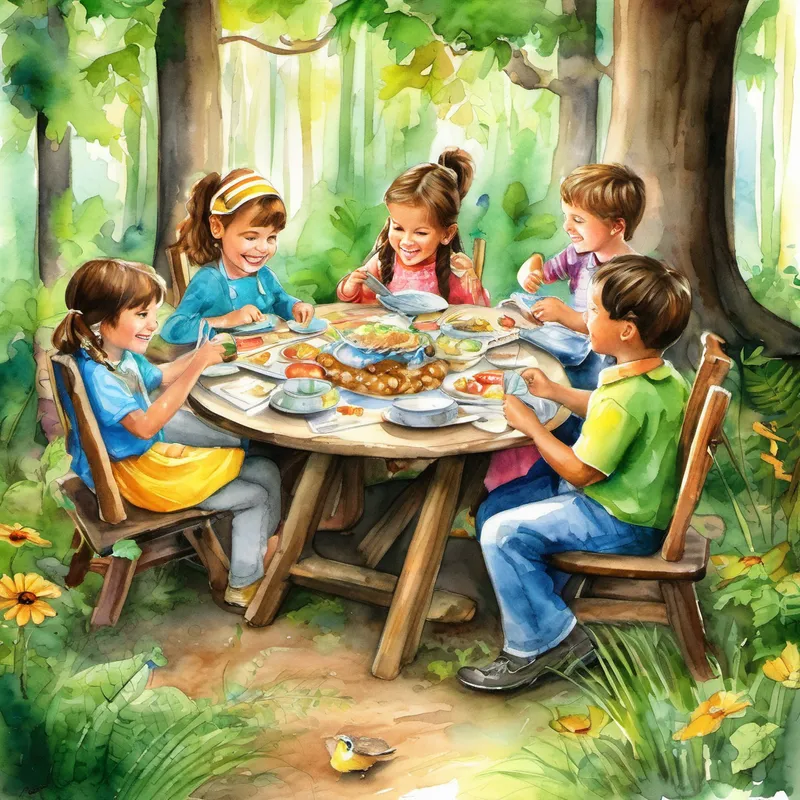 Together, they sat around the table, sharing stories and laughter as they sampled the scrumptious feast. It became a cherished gathering spot for them, a place where they could come together and enjoy the magic of the forest. As they left the clearing, their hearts were grateful for the delightful surprise they had found. Timmy and his friends learned that life is full of unexpected discoveries and that exploring new things can bring incredible joy.