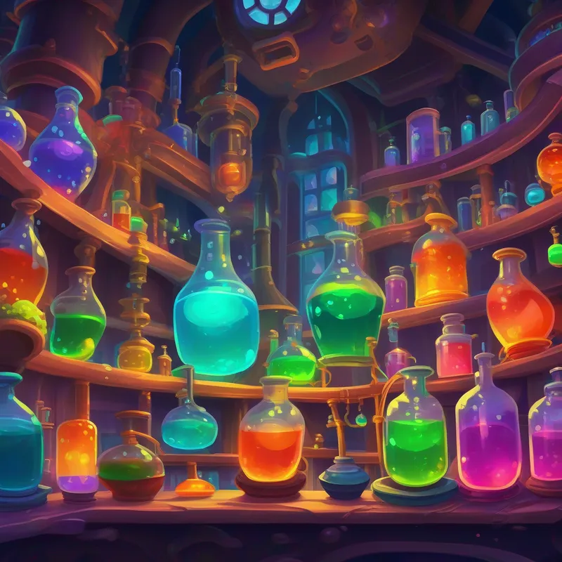 The laboratory is filled with colorful potions and bubbling cauldrons.