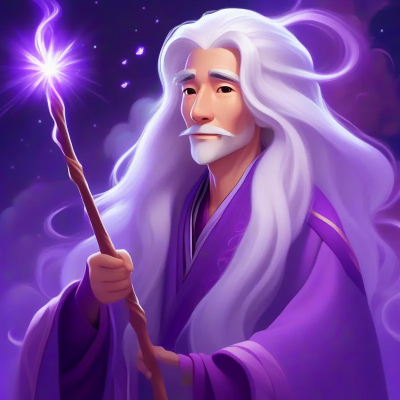 Wiz has long white hair, a purple robe, and a magic wand. has long white hair, a purple robe, and a magic wand.