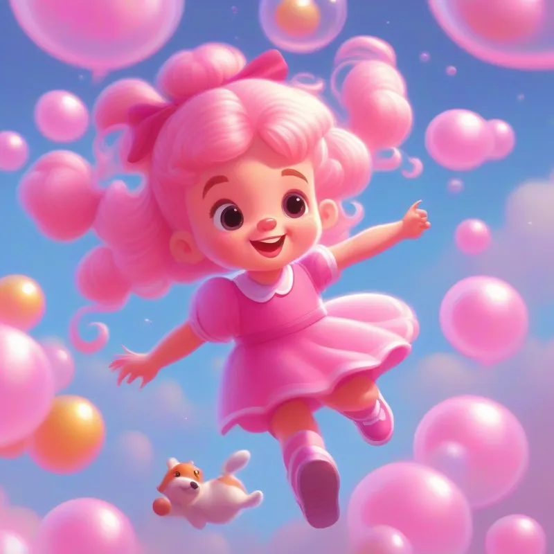 Bubble is a happy girl with bubblegum pink dress and pigtails. sees a flying broomstick and a levitating teddy bear.