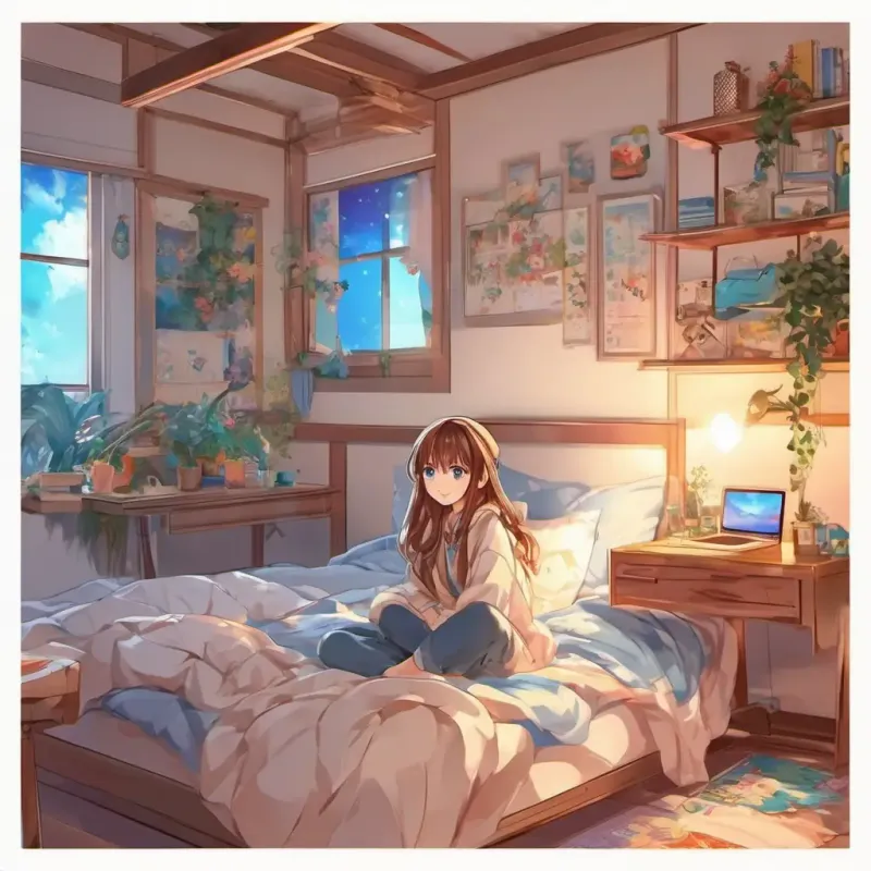 Happy girl with brown hair and blue eyes is in her cozy bedroom, lying in her comfy bed.