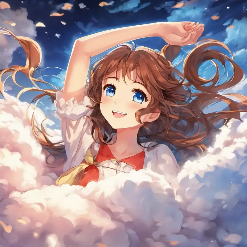 Happy girl with brown hair and blue eyes is floating in her bed among fluffy clouds.