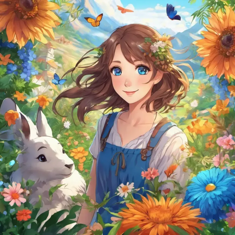 Happy girl with brown hair and blue eyes is surrounded by friendly animals and beautiful flowers.