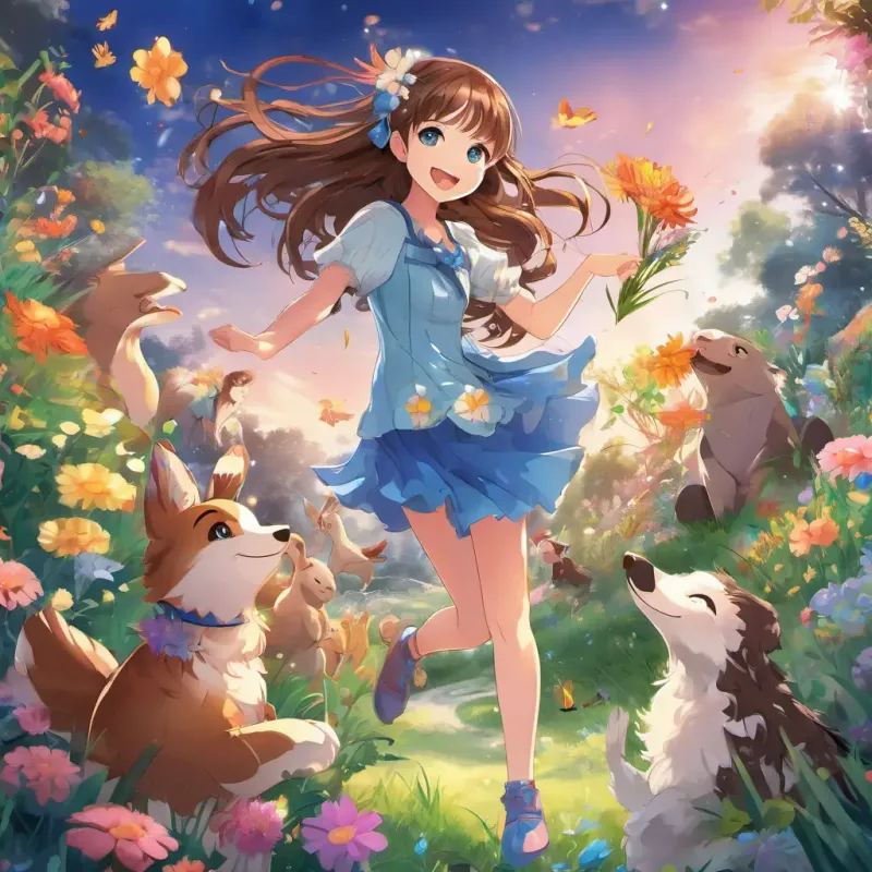 Happy girl with brown hair and blue eyes is happily playing and dancing with her new animal and flower friends.