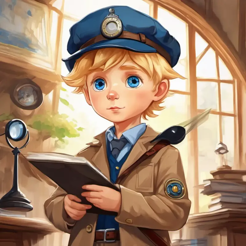 Little boy Little boy with blue eyes, blonde hair, and detective hat with blue eyes, blonde hair, wearing a detective hat and holding a magnifying glass, notepad, and compass.