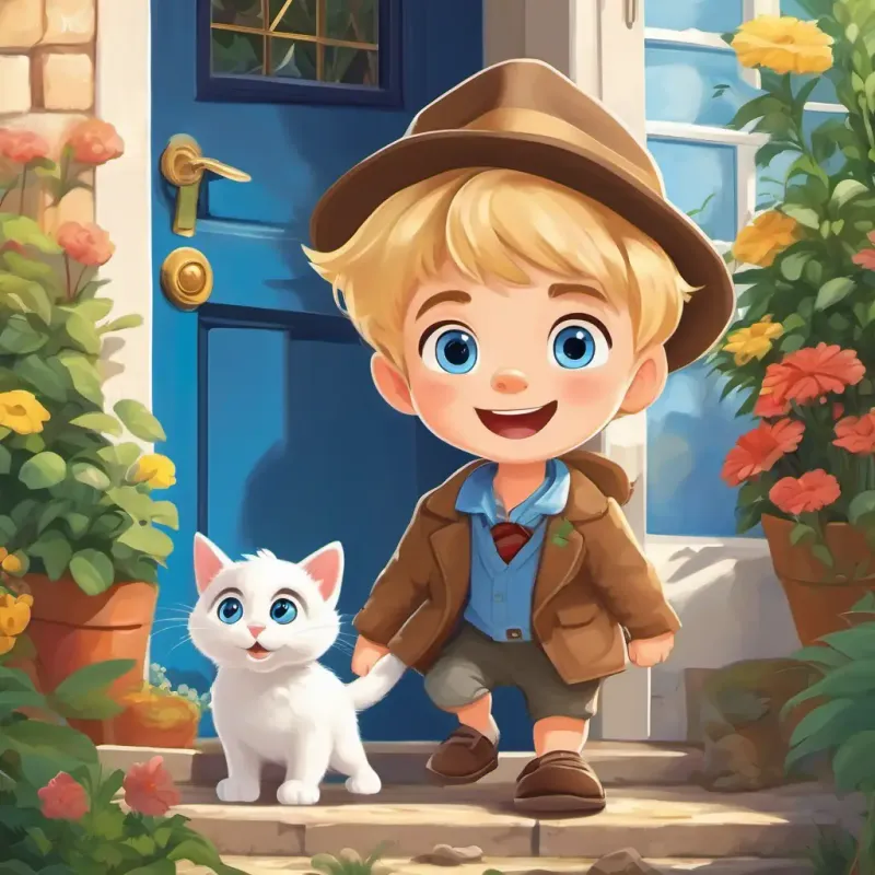 Little boy with blue eyes, blonde hair, and detective hat following paw prints, knocking on doors, with a garden in the background and a cute cat named Cute cat with a playful expression and white fur hiding.