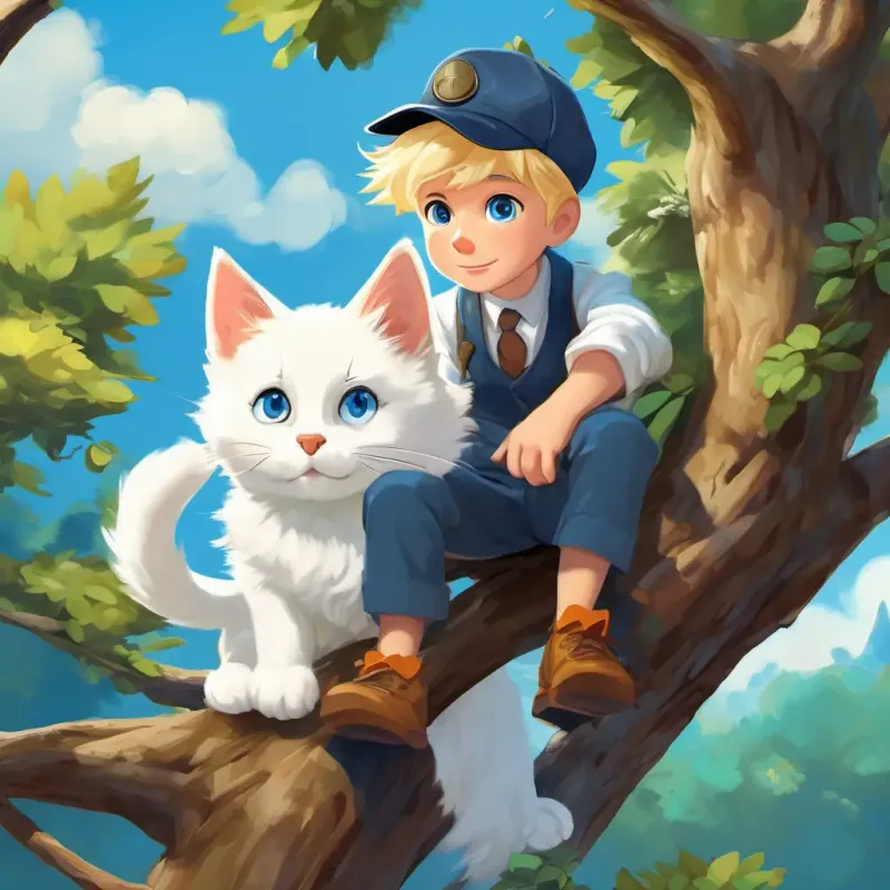 Little boy with blue eyes, blonde hair, and detective hat climbing a tree, rescuing Cute cat with a playful expression and white fur who is stuck on a branch, with Cute cat with a playful expression and white fur purring and rubbing against Little boy with blue eyes, blonde hair, and detective hat's leg.