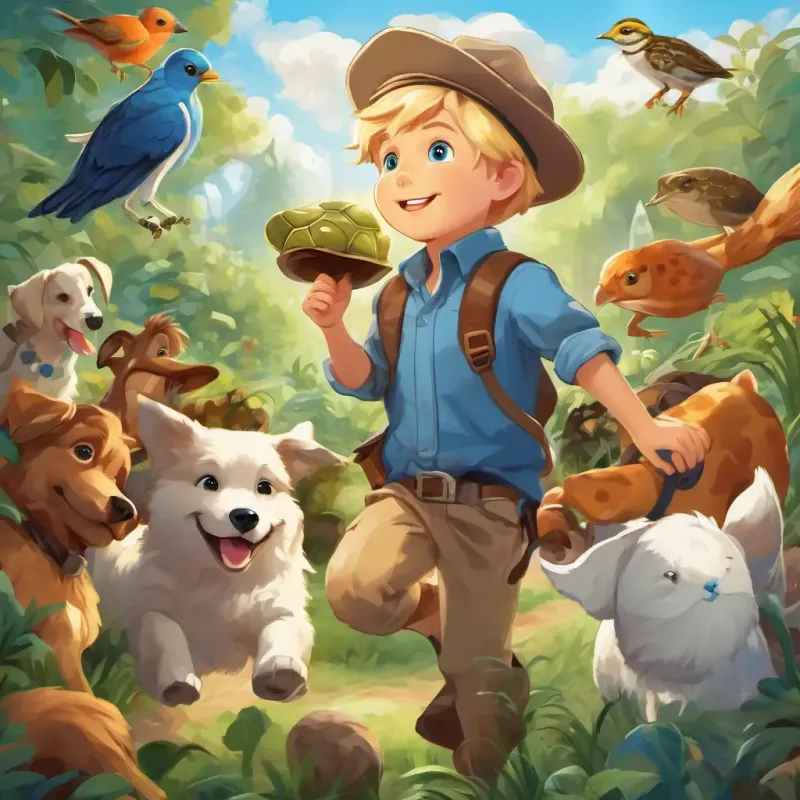 Little boy with blue eyes, blonde hair, and detective hat surrounded by happy animals - dogs, birds, and a turtle, with a joyful expression on his face.