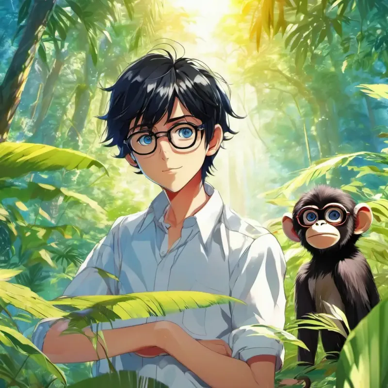 Daddy and the monkey in a sunlit clearing, mistaken stripes.